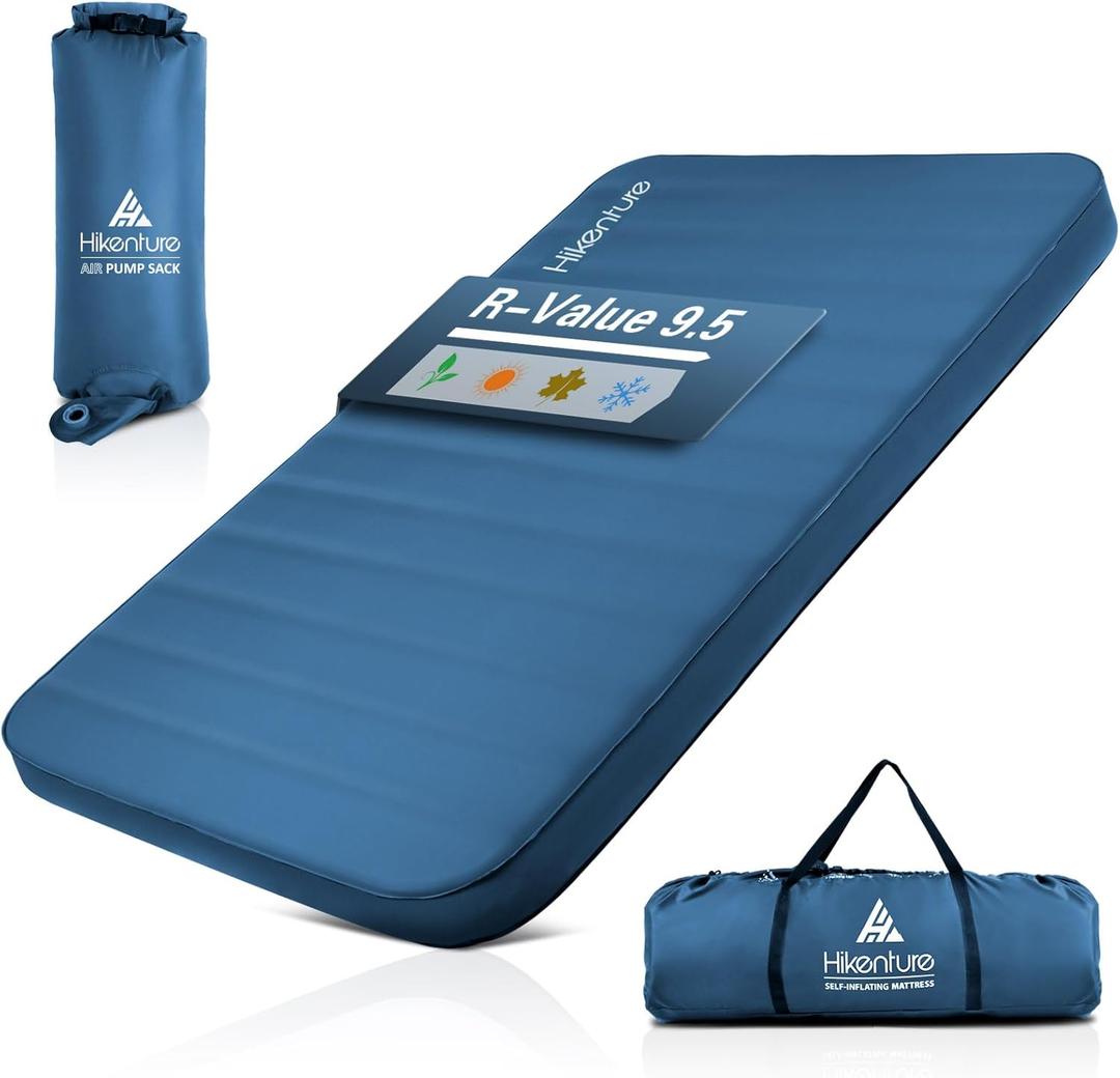 Hikenture 4 INCH Thick Self Inflating Sleeping Pad 9.5 R Value, Comfort Plus Camping Mattress with Pump Sack, Inflatable Foam Insulated Camping Pad, Camping Mat 4-Season (Light Blue, Double (80"52"))