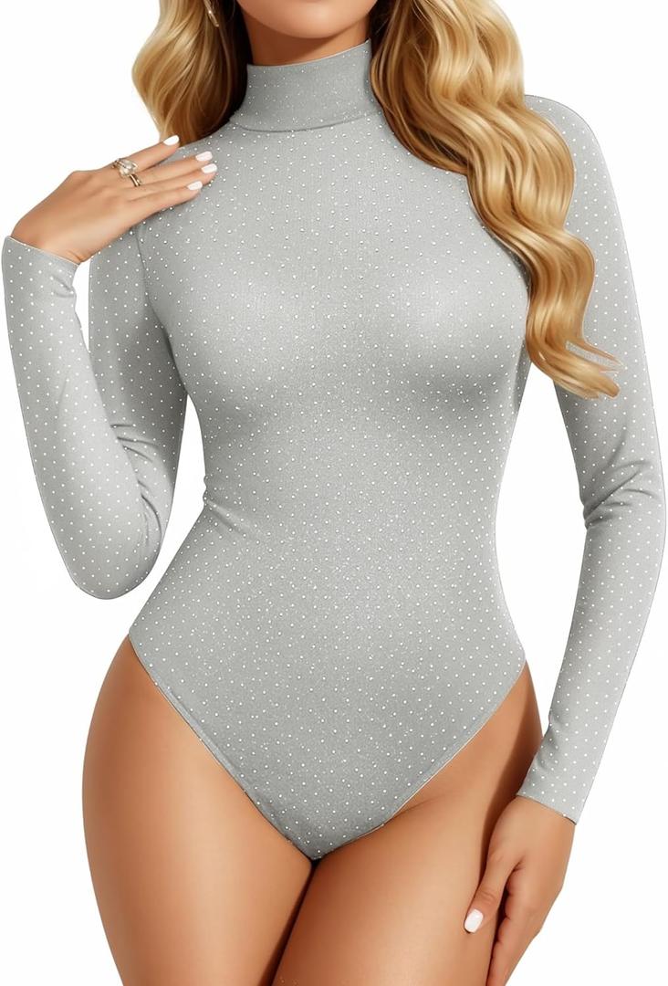 MANGOPOP Women's Sparkly Mock Turtle Neck Bodysuit Long Sleeve Shiny Rhinestone Body Suits Fall Outfits Tops