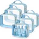 Abbylike 6 Pcs Clear Makeup Bags Bulk Tsa Approved PU Leather Toiletry Bag with Handles Quart Size PVC Clear Travel Cosmetic Case for Women Wedding Bridal DIY Gifts Bachelorette Party(Blue)