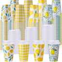 100 Pcs 12 Oz Capri Lemon Disposable Coffee Cups with Lids Yellow Lemon Paper Drinking Cup for Hot Cold Beverage Drink Juices for Lemonade Stand Supplies Summer Party Bride Shower