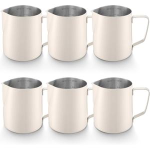 Honeydak 6 Pcs Milk Frothing Pitcher 304 Stainless Steel Steaming Pitchers for Coffee Bar Cappuccino Barista Tools Milk Jug Steamer Frother Cup (12 oz,White)