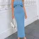 ZESICA Womens Summer Strapless Knit Bodycon Dress 2026 Off Shoulder Ruffle Wedding Guest Party Long Midi Sweater Dresses (Blue, M)