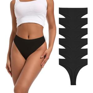 High Waist Thong Underwear Women Ribbed Cotton Tummy Control Thongs Panties Size S-4XL Pack 6 (Black, M)