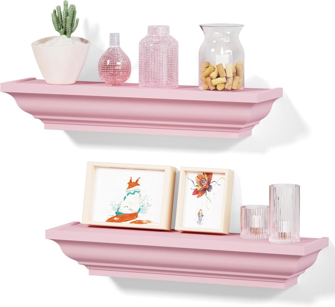 Alsonerbay Floating Shelves Wall Mounted Set of 2, Rustic Shelves for Wall Storage, 17 Inch Wood Shelves for Bedroom Living Room Bathroom, Pink (3 Inch Height)