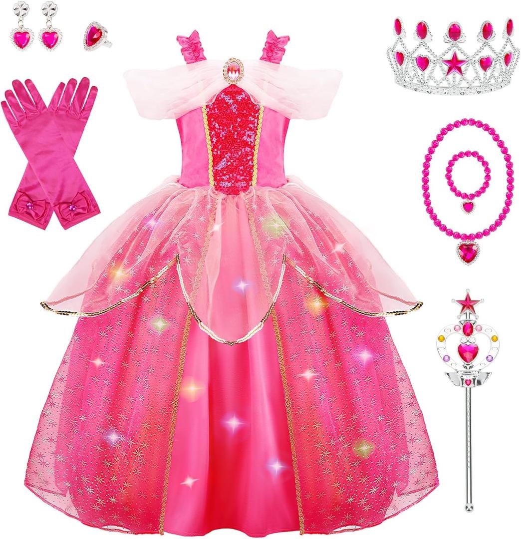 Meland Princess Dresses for Girls - Light Up Princess Dress Up for 3-10 Year Old, Costume for Girls Halloween Birthday (7-8 Years, Pink)