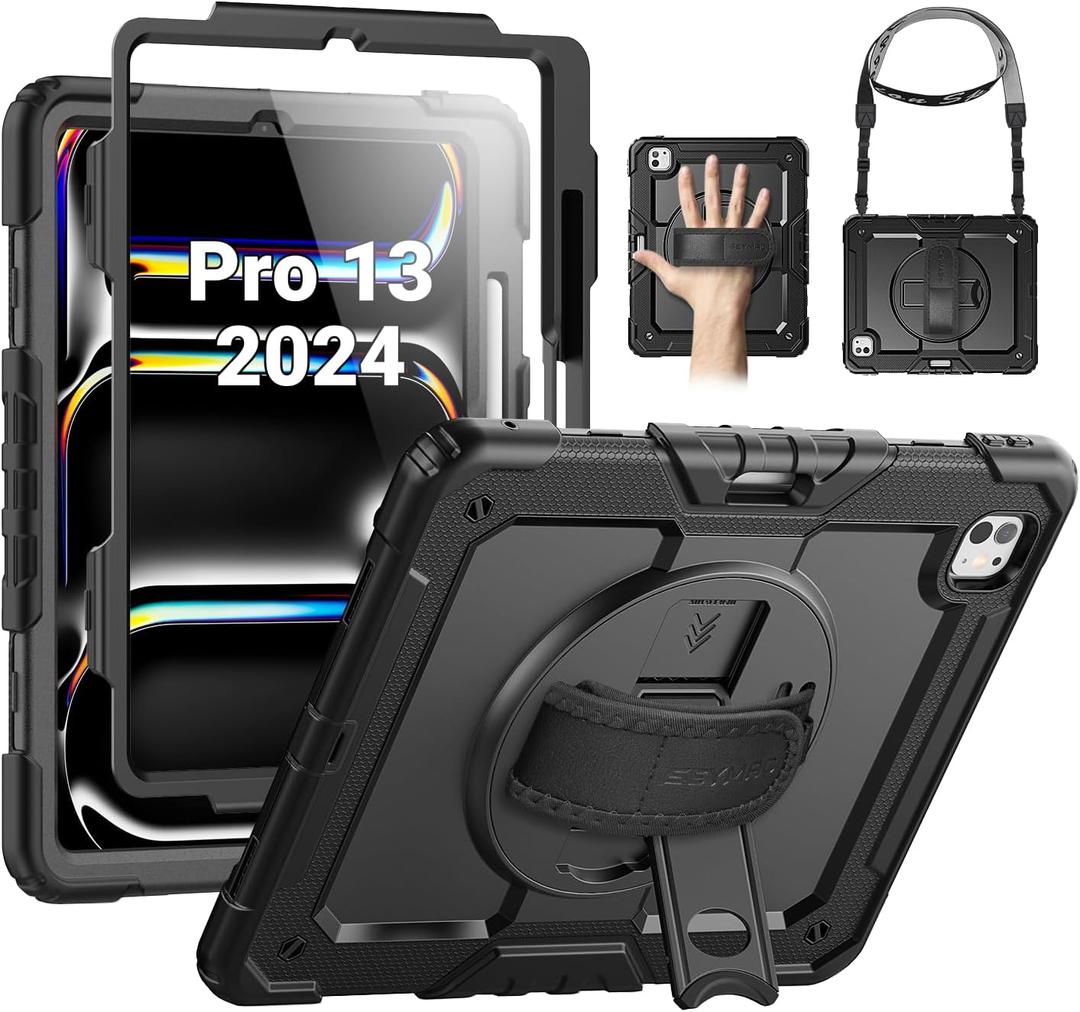SEYMAC for iPad Pro 13 Inch Case 2024 M4 (7th Generation), Heavy Duty Shockproof Protective Case with Screen Protector, 360 Rotating Stand, Hand/Shoulder Strap and Pen Holder, Black