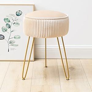LUE BONA Pleated Vanity Stool, Velvet Upholstered Round Modern Stool for Makeup Room, Ottoman Footrest with Metal Legs for Living Room, Bedroom, Champagne