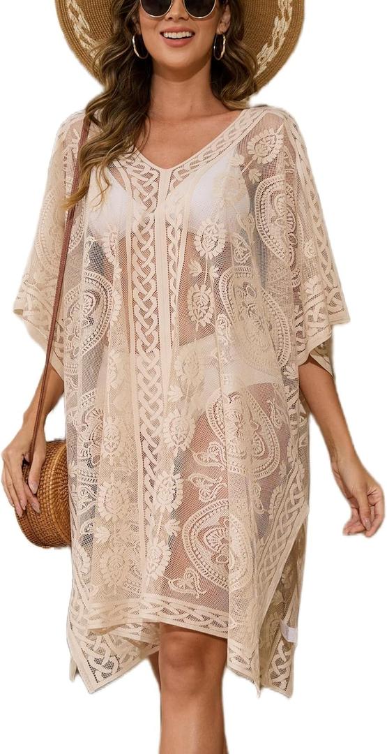 Sexy Elegant Lace Beach Cover Up for Women, Bathing Suit Cover Up, V-Neck Swimsuit Coverup for Poolside, Seaside and Party (Beige 2), L