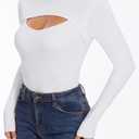 Sexy Cut Out Long Sleeve Tops for Women, Round Neck Ribbed Knit Fitted Tee T-Shirt,Open Chest Design for Going Out Tee (White)