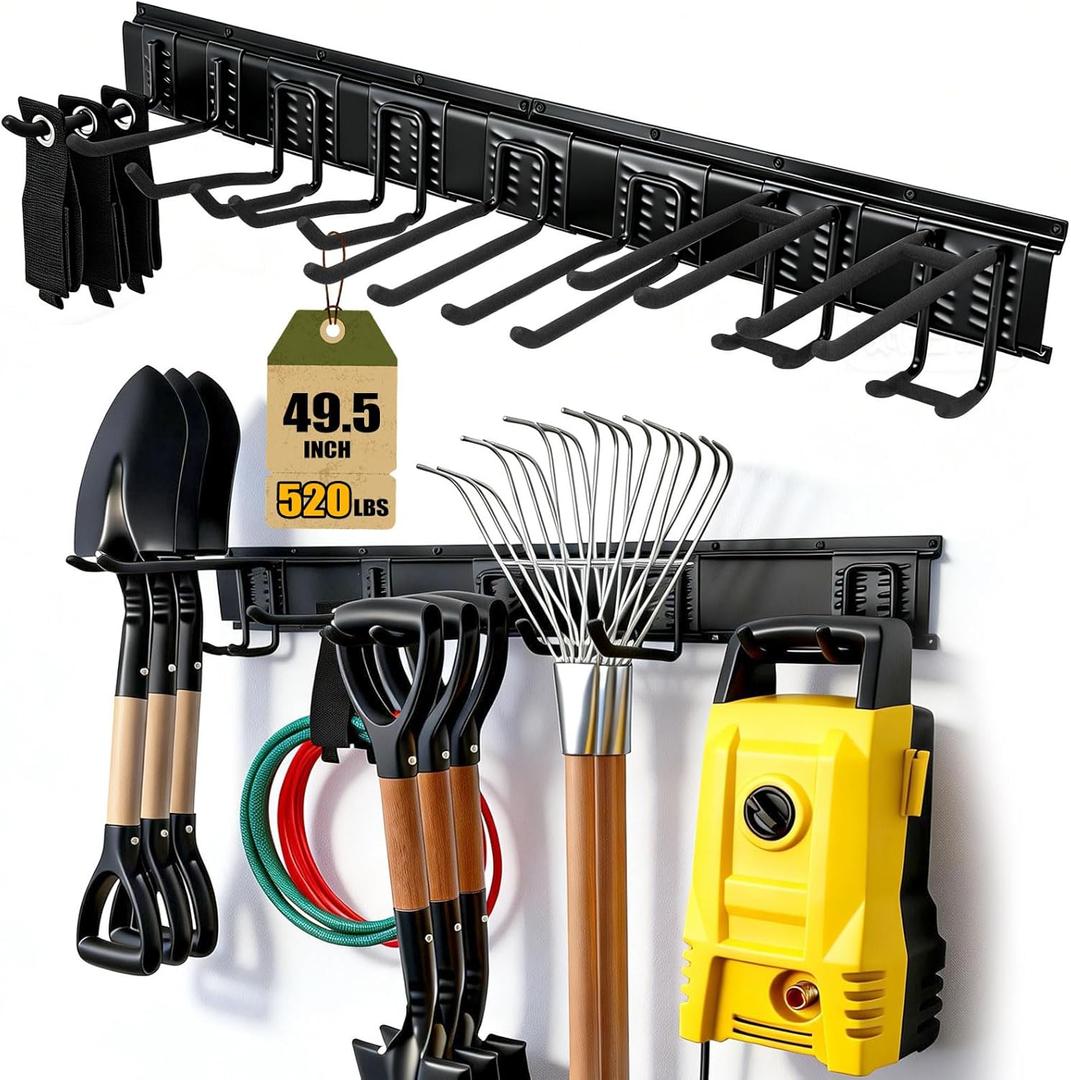 14Pack Garage Tool Organizer Wall Mount, 49.5'' Garage Wall Organizer with 11 Adjustable Hooks, 520lbs Heavy Duty Garage Storage & Organization, Garage Hanging Rack for Garden Yard Tool Shed, Men Gift