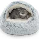 CATISM Cozy Plush Hooded Cat Bed, Indoor/Outdoor, Self-Warming Cave, Removable Washable Non-Slip Bottom (25.0"L x 25.0"W x 19.0"Th, gray)