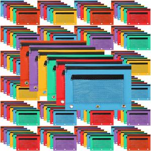 Zhehao 300 Pcs Binder Pencil Pouch Bulk Mesh Pencil Pouch for 3 Ring Binder with Zipper and Double Pocket for Writing Utensils School Supplies (Bright Color)