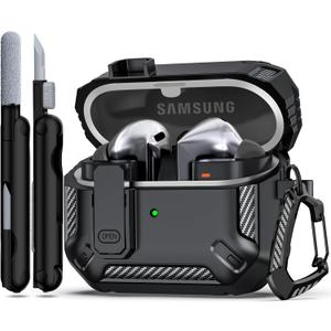 RFUNGUANGO Compatible with Samsung Galaxy Buds 3 Pro Case(2024) / Buds3 FE (2025) / Buds 3 Case (2024) with Carabiner & Cleaning Kit Phone Stand, Strong Drop Protection, Black