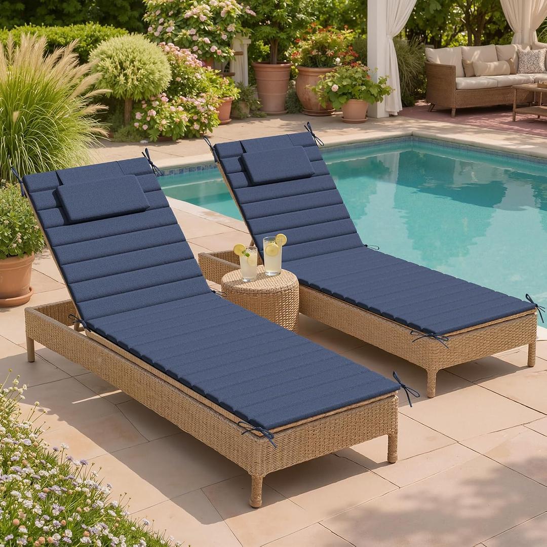 Crestlive Products Chaise Lounge Cushion Outdoor Set of 2, Foldable Waterproof Pool Lounge Chair Cushions with Straps, Lounger Cushions for Outdoor Furniture 71''Lx21''W (Navy)