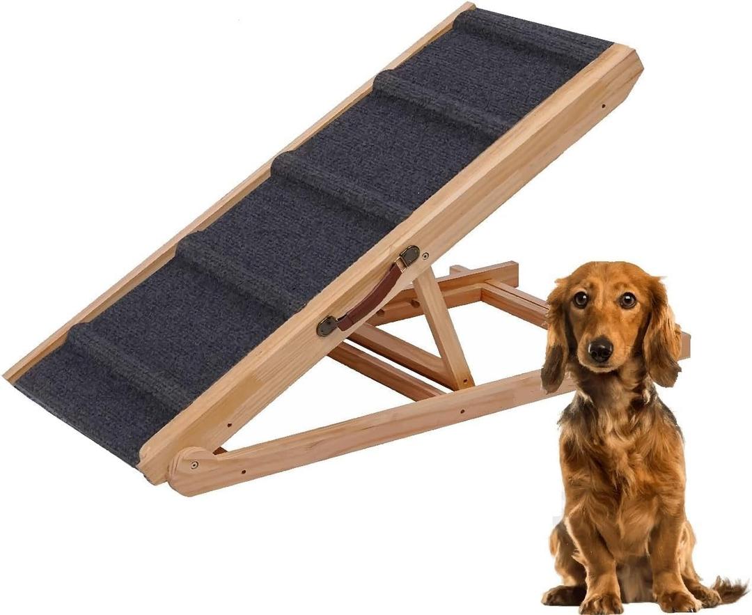 PAWBLISS Adjustable Dog Ramp for All Dogs | 6-Level (12.2"-25.5") Solid Wood Ramp | Non-Slip Carpet for Large & Small Dogs | Supports 200lbs | Portable Dog Ramp for Bed & Couch with Leather Handle
