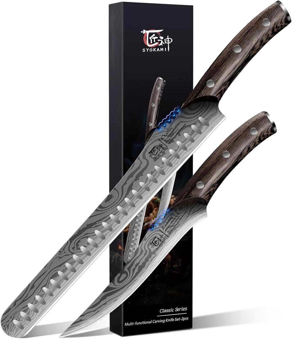 Brisket Slicing Knife Set, Carving and Boning Knife for Meat & Turkey Cutting, Japanese Style High Carbon Steel Kitchen Knives Set For Home & BBQ, Wood Ergonomic Full Tang Handle, Christmas gift (2 PCS Set)