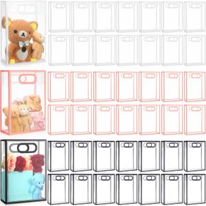 Dunzoom 50 Pcs Mother's Day Clear Plastic Gift Bag with Handle Reusable Transparent Pink Party Favor Flower Bag for Wedding Bridal Birthday Gift 10.2 x 7.1 x 3.2''(Black Pink White Trim)