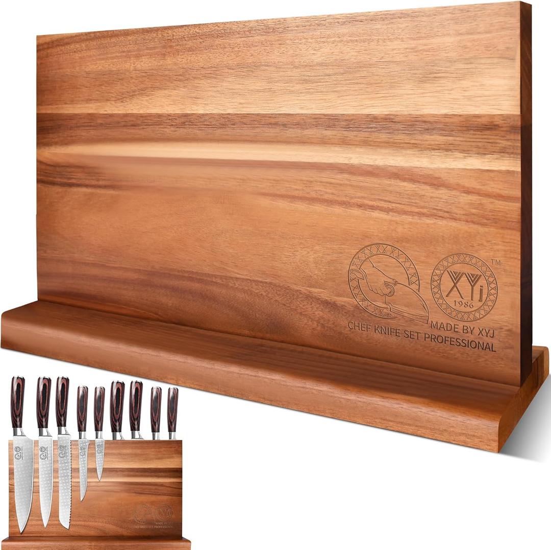 XYJ Extra Large Magnetic Knife Block Acacia Wood Knife Set Holder Stand With Stronge Magnetic Strip Kitchen Knives Storage Rack Organizer Tools No Drilling (15.5*8.7 inch without board, dark wood color)
