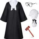 Irtysh Halloween Robe Judge Lawyer Adult Party Graduation Gown Costume Cosplay Wooden Gavel Wig Glasses Gloves set (Black, XL)