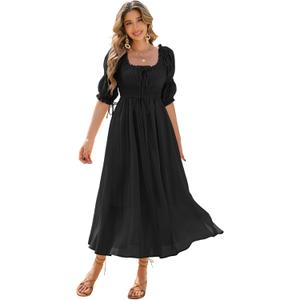 R.Vivimos Women's Summer Square Neck Midi Dress 2026 Casual Puff Half Sleeve Elastic Empire Waist Boho Flowy Long Dresses (Small, Black)