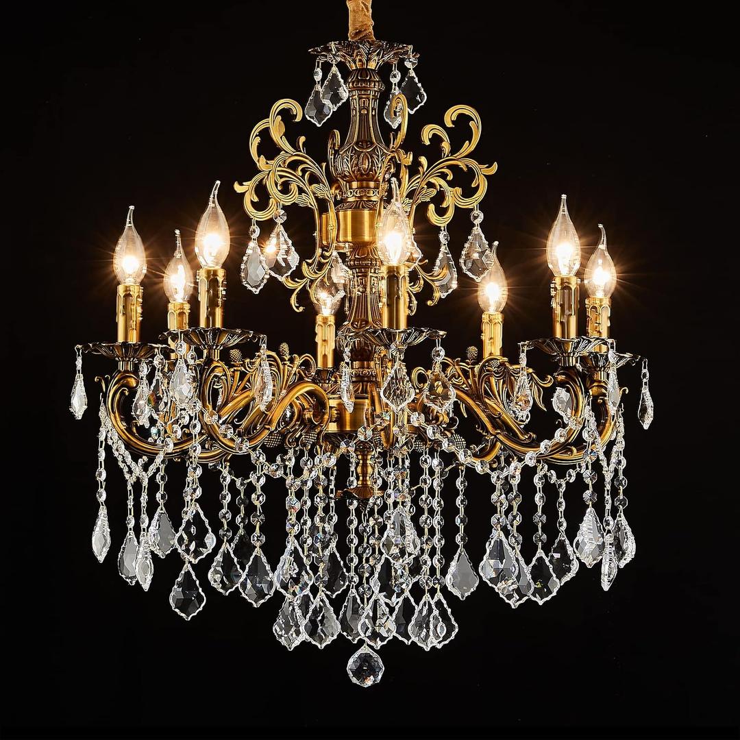 8 Light Classic Traditional Candle-Style Crystal Chandeliers for Dining Room Living Room Bedroom entryway Antique Gold Finish