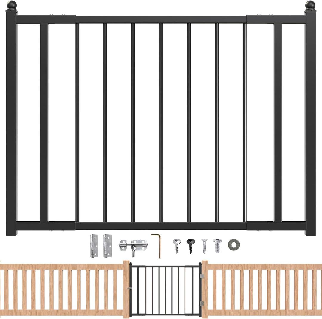 Deck Railing Gate Outdoor, Upgraded Expandable 3 to 4 FT.W x 32in.H, with Latch, No Cutting Required, Freestanding Pet Gate for Large Openings, Stairs, Hallways, Doorways, Deck, Yard (Black)