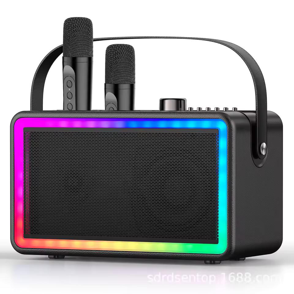 Karaoke Machine, Karaoke Speaker with 2 Karaoke Microphone Wireless, Retro Karaoke Machine for Adults Kids, Bluetooth Speaker with PA System, LED Lights, Supports TF Card, USB, AUX(Black)