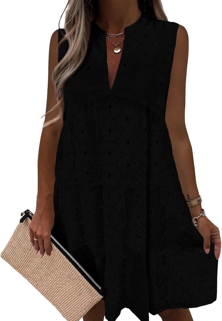 Wenrine Womens Summer Eyelet Dress Lace Sleeveless V Neck Mini Sundress Babydoll Hollow Out Swing Casual Beach Dresses Large