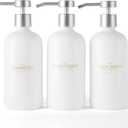 Shampoo and Conditioner Dispenser Set of 3,Refillable 21oz Shampoo Bottles with Non-Slip Protective Silicone Pad,Shower Soap Dispenser with Waterproof Labels for Bathroom (White)