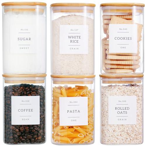 CZZGSM 6 Pack Square Kitchen Storage Jars with Airtight Bamboo Lids and 132 Pantry Labels - 35oz Glass Canisters With Wood Lids - Food Storage Containers for Coffee, Cookie, Tea, Spice