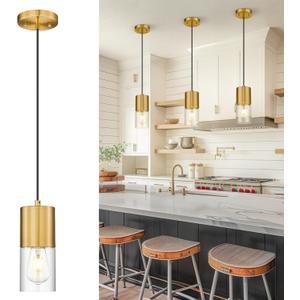 Gold Pendant Lights Kitchen Island, Hanging Lights Fixtures with Cylinder Clear Glass, Modern Brass Kitchen Pendant Lighting Over Island for Dining Room, AD-24023-1P-GD