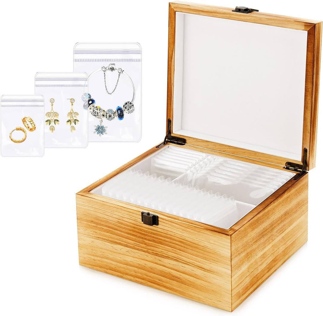 Jewelry Box Organizer, Wooden Jewelry Boxes for Women with 55 Portable Jewelry Bags for Traveling, Travel Jewelry Case Storage for Earrings Rings Necklaces Brackets, Gifts for Women Girls (Carbonized Brown)