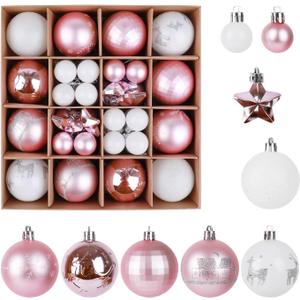 Christmas Balls Ornaments Set, 44 Pcs Xmas Shatterproof Plastic Baubles Hanging Balls for Christmas Tree Holiday Party Wedding Decoration (Pink & White)