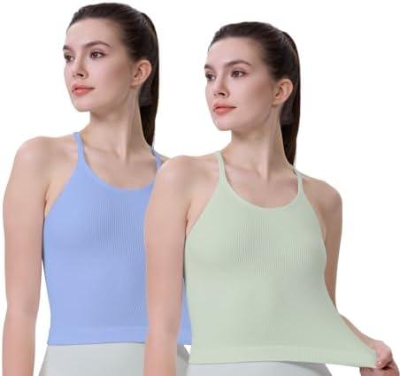 AMRIY Crop Tops for Women Seamless Square Neck Cropped Ribbed Tank Tops 2 Pack Set Long camisolees Spaghetti brami Tops Size L