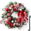 Valery Madelyn 30'' Pre-Lit Christmas Wreath for Front Door with Lights, Large Lighted Outdoor Christmas Wreath with Red White Xmas Balls & Bow for Home Porch Fireplace Window Holiday Wall Decor