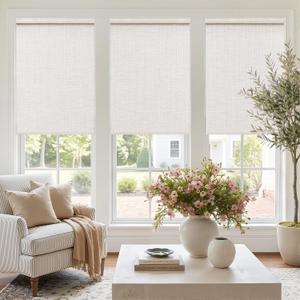 Beige White Textured Linen Semi Sheer Cordless Roller Shades 27" W x 72" H