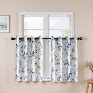 MYSKY HOME Floral Kitchen Tier Curtains 36 Inches Long Grommet Room Darkening Thermal Insulated Half Window Drapes for Small Windows Cafe Bathroom, W52, 2 Panels, Yellow and Blue