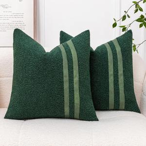 Pack of 2 Dark Green Throw Pillow Covers 18x18 Textured Boucle Accent Pillow Cases with Faux Leather Striped Square Cushion Cover for Bed Couch Sofa Living Room Home Decor