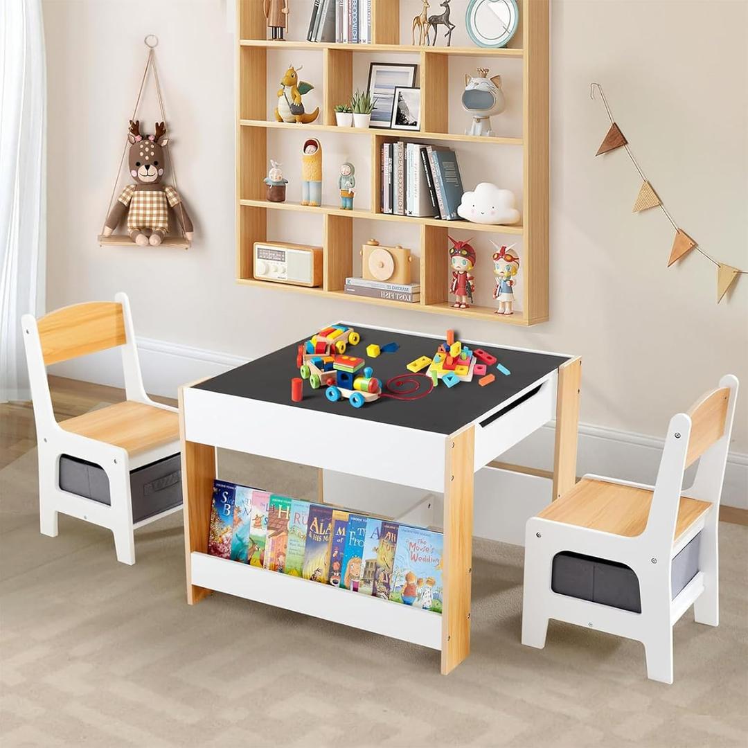 Asweets Kids Table and Chair Set, 4 in 1 Toddler Desk with Storage Drawer, Wooden Activity Table for 2 in 1 Detachable Tabletop, Bookshelf, Suitable for Classroom, Home, Nursery, Playroom (Natural White), 24.49 x 24.49 x 18.9 inches
