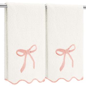2 Pcs White Pink Scalloped Hand Towels for Bathroom 26 x 13 Embroidery Coquette Bow Hand Towels 100% Cotton Soft Absorbent Boho Bath Decor for Kitchen Bathroom