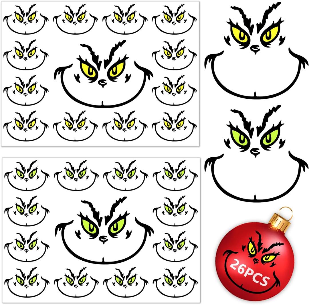 26 PCS Christmas Decorations Stickers, Yellow and Green Eyes Face Decals for Ornaments, Waterproof Vinyl Sticker for The Home, Christmas Balls, Party Supplies, Water Bottles