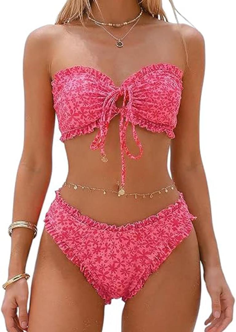 SHENHE Women's 2 Piece Bandeau Bikini Set Floral Print Tie Knot Ruffle Strapless Swimsuits, X-Large Pink