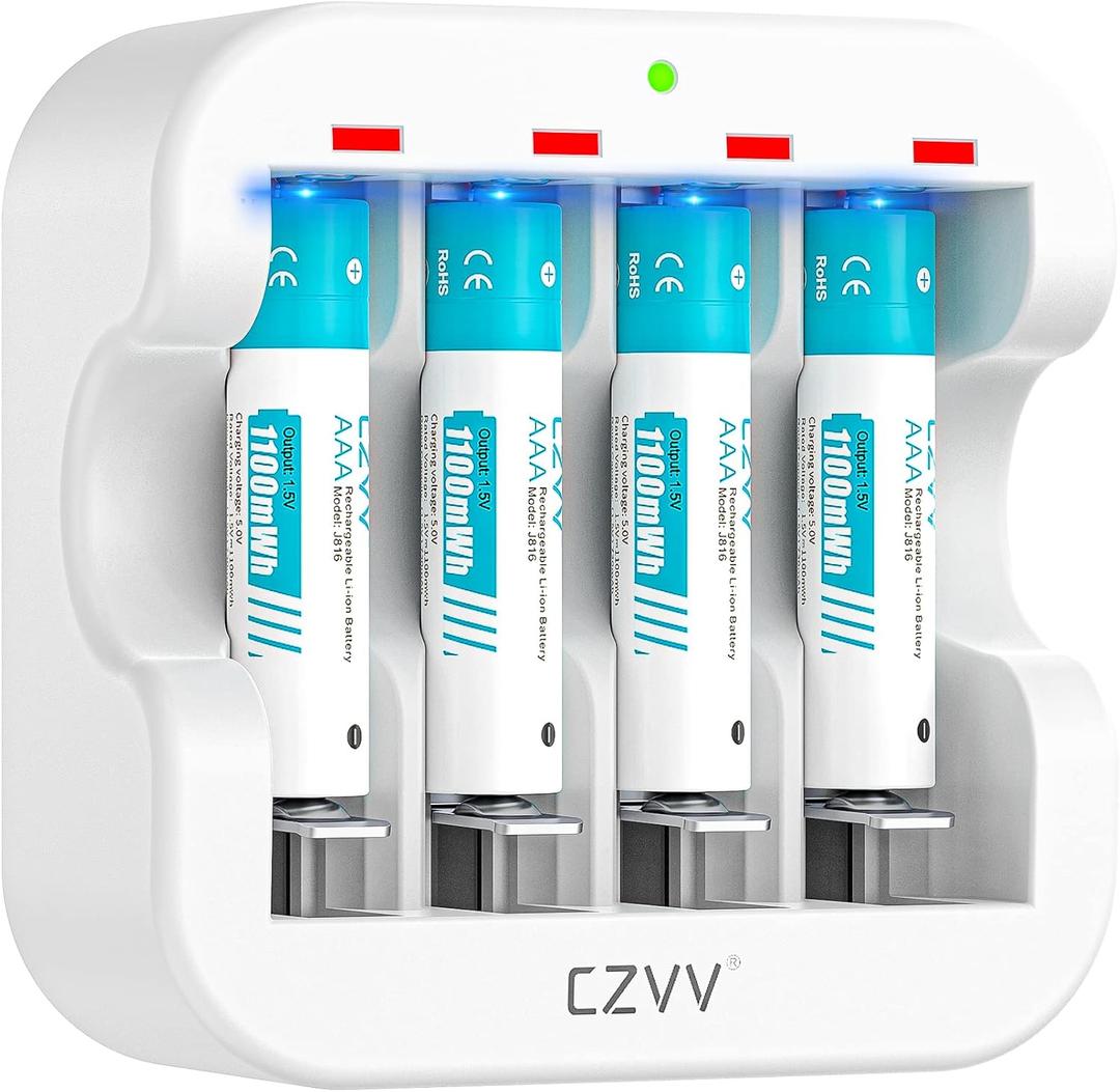 Rechargeable AAA Lithium 1.5V Batteries - Full-Recharged 4 Pack with 2H Ultra Fast Charger for Household Office Devices, Long-Lasting High-Capacity 1100mWh, Cycle Times up to 1300x, Constant Output Rechargeable AAA Lithium 1.5V Batteries - Full-Recharged 4 Pack with 2H Ultra Fast Charger for Household Office Devices, Long-Lasting High-Capacity 1100mWh, Cycle Times up to 1300x, Constant Output