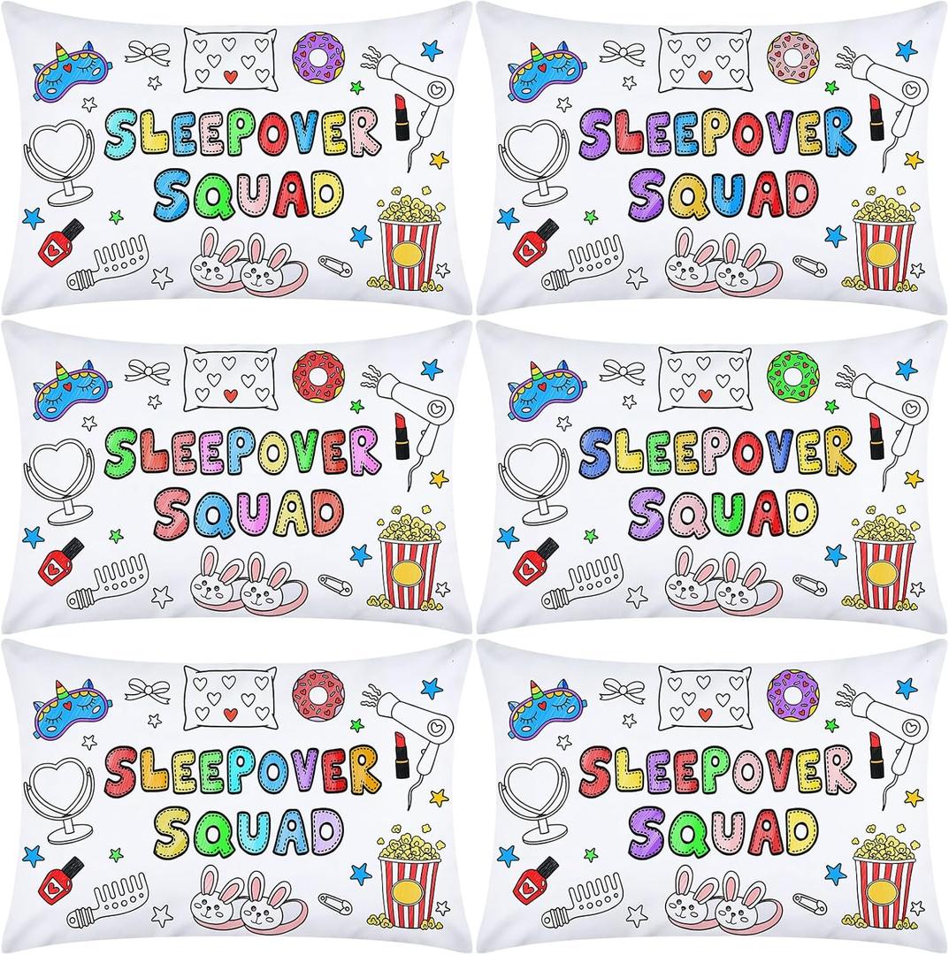 HunnmingRe 6 Pcs DIY Sleepover Pillowcase Supplies Coloring Sleepover Squad Pillow Covers Pajama Night Party Favors Color Your Own Slumber Pillowcase Arts Crafts for Birthday Overnight Gift