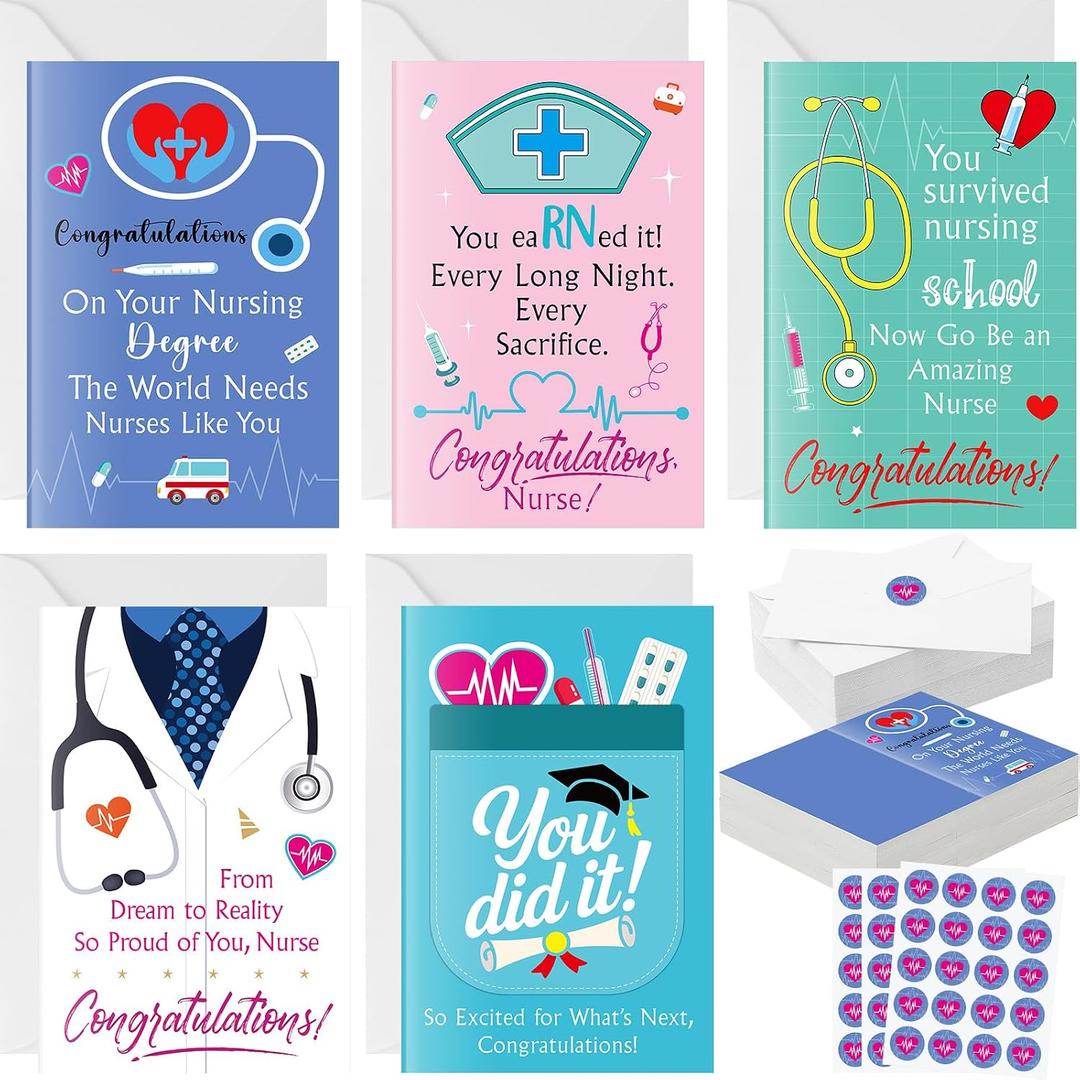 Eaasty 50 Sets Nurses' Graduation Season Cards with Stickers and Envelopes Blank Inside Funny 5 Style Greeting Card Designs