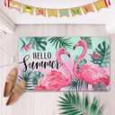 Hello Summer Flamingo Decorative Front Door Mat, Palm Leaves Tropical Plant Doormat Indoor Outdoor Non-Slip Floor Entryway Rug, Monstera Hawaii Seasonal Home Kitchen Decoration 17x29 Inch