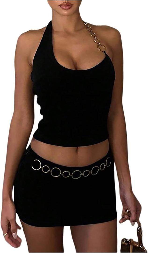 MakeMeChic Women's Two Piece Club Outfit Chain Halter Crop Tops and Bodycon Mini Skirt Set (Black, Small)