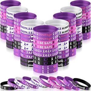 Wavwavw 100 Pcs Purple Ribbon Awareness Bracelets Bulk Rubber Silicone Wristband Domestic Violence Alzheimer's Awareness Pancreatic Cancer Lupus Supplies for Men Women Support Gifts