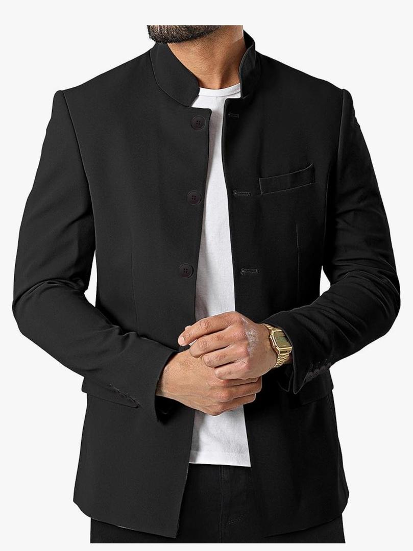 Mens Casual Suit Blazer Jackets Stand Mandarin Collar Lightweight Lined Business Dress Sport Coats, Black, Medium