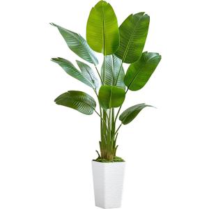 Bird of Paradise Artificial Plant, 5FT Faux Plants Indoor Banana Leaf Tree with 9 Leaves, Large Fake Tropical Potted Indoor Silk Floor Plant with White Tall Planter for House,Office,Room,Home Decor 5ft, White, 1